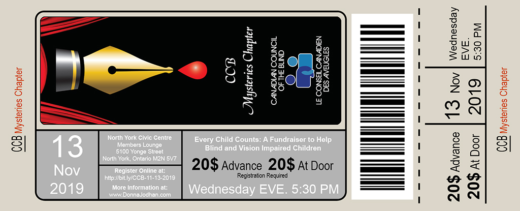 Image. CCB Mysteries Chapter Event Ticket for Every Child Counts: A Fundraiser to Help Blind and Vision Impaired Children to be held November 13th 2019 at The North York Civic Centre.