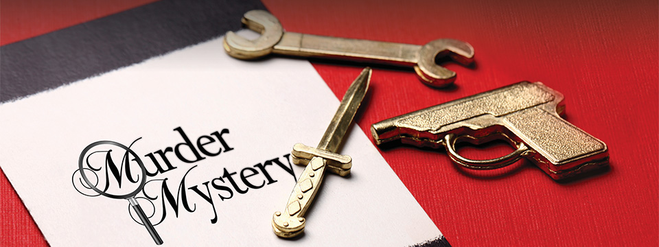 Photo of a Murder Mystery booklet sitting on a table with a magnifying glass over the words 'Murder Mystery' and three prop objects on the table next to the book, a wrench, a small dagger, and a small gun.