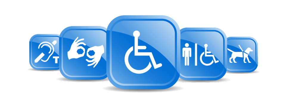 Five blue accessibility logos, hearing impaired, sign language, wheelchair, restroom with wheelchair and guide dog.
