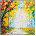 Photo of a beautiful acrylic oil painting depicting a Fall scene with vivid colors along a rainy path.