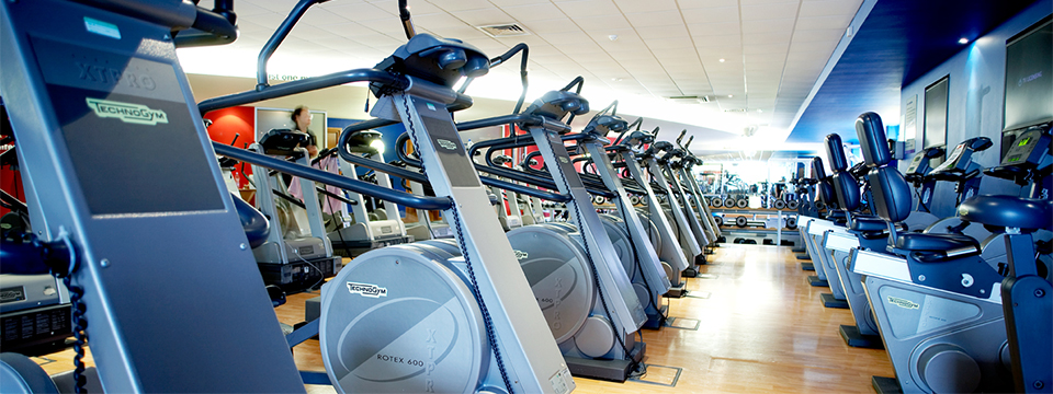 Photo of a beautiful gym with rows and rows of different machines.