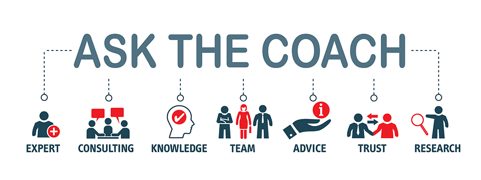 Under the words Ask The Coach are icons representing Expert, Consulting, Knowledge, Team, Advice, Trust and Research.