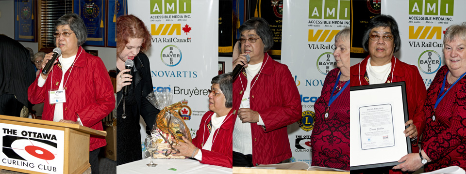 A photo collage consisting of 4 different photos from the CCB 2017 Banquet showcasing Author Donna Jodhan speaking to those in attendance as well as receiving The 2017 Person of the Year Award.