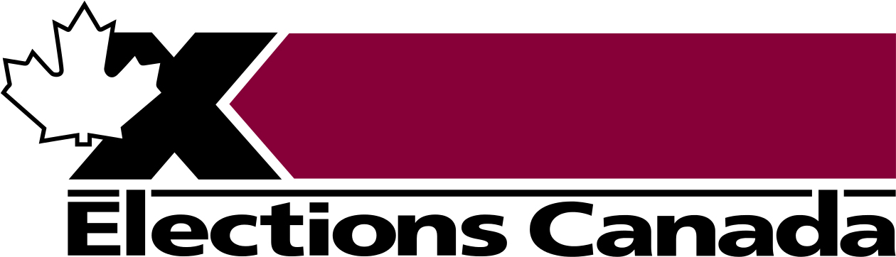 Elections Canada logo. To the left a white maple leaf overlays a large black letter X. To the right a thick burgundy bar with an arrow points to the black X and white maple leaf. Underneath both is the text 'Elections Canada'.