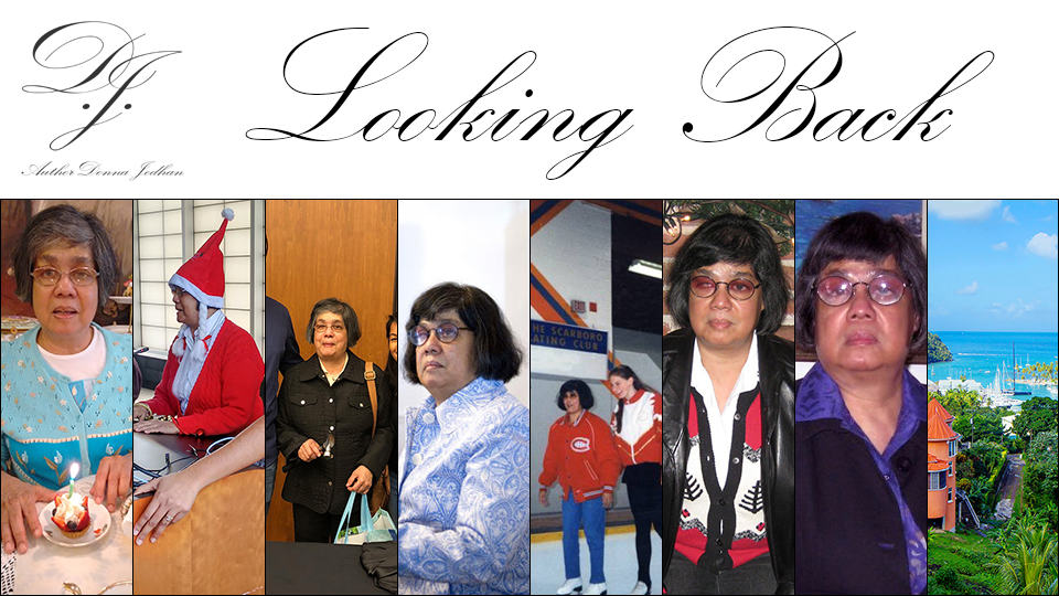 Looking Back By Sight Loss Coach, Advocate and Author Donna Jodhan. A collage of 8 photos show Donna Jodhan at various stages in her life, career, and the many advocacy roles that she has filled.