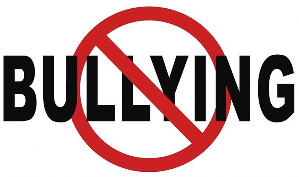 The word BULLYING sits in large black letters inside of a thick red circle with a red line running over and through the letters diagonally.