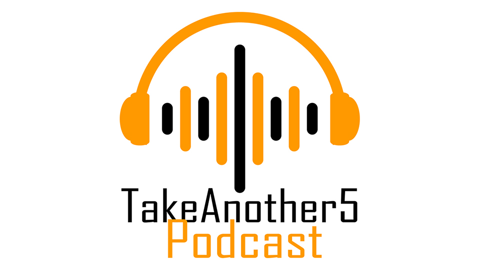 The bright yellow-orange silhouette of a pair of headphones appears to be transmitting sound back and forth via alternating bright yellow-orange and black bars of differing lengths which are passing between the two headphone speakers. Underneath this icon are the words 'TakeAnother5' in black. Underneath the text 'TakeAnother5' is the text 'Podcast' in the same bright yellow-orange as the above headphone silhouette.