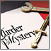 Photo of a Murder Mystery booklet sitting on a table with a magnifying glass over the words 'Murder Mystery' and three prop objects on the table next to the book, a wrench, a small dagger, and a small gun.