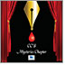 CCB Mysteries Chapter Logo. Red stage curtains are held open by gold tassels to reveal a dark stage. In the center of the stage sits the icon of a fountain pen with a single drop of blood coming from its tip. Below this are the words CCB Mysteries Chapter. Below this is the CCB (Canadian Council of the Blind) Logo.