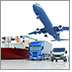 Transport and logistics represented by different types of vehicles including a cargo ship, plane, semi, truck and forklift.