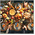 Aerial view of a beautiful turkey dinner table packed with Thanksgiving festivities such as apple pie, corn, muffins, fruits and vegetables and a wide assortment of pumpkins. Friends / family hold hands at table. Celebration. Traditional dinner concept.