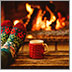 A woman in festive holiday socks has her feet up on a wooden table. Hot chocolate with knitted warmer on cup. Fireplace in background.