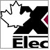 Elections Canada logo. To the left a white maple leaf overlays a large black letter X. To the right a thick burgundy bar with an arrow points to the black X and white maple leaf. Underneath both is the text 'Elections Canada'.