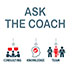 Under the words Ask The Coach are icons representing Expert, Consulting, Knowledge, Team, Advice, Trust and Research.