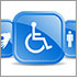 Five blue accessibility logos, hearing impaired, sign language, wheelchair, restroom with wheelchair and guide dog.